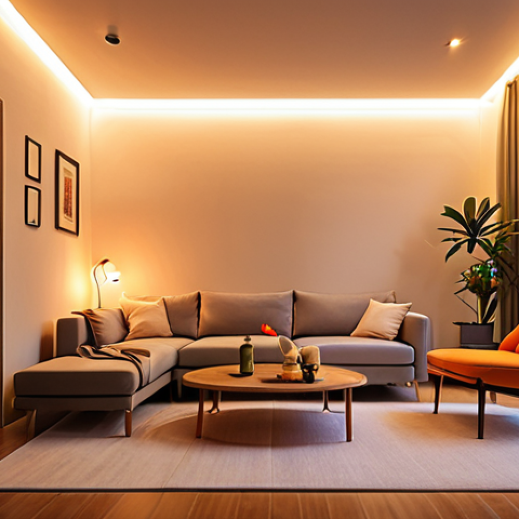 **Prompt:** A modern Vietnamese home interior with smart lighting system. Warm, adjustable LED lights creating a cozy atmosphere in the evening, showcasing Philips Hue or Xiaomi Yeelight style bulbs. Focus on the ambiance and the soft glow illuminating the room.