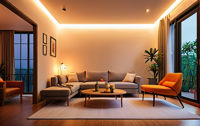 **Prompt:** A modern Vietnamese home interior with smart lighting system. Warm, adjustable LED lights creating a cozy atmosphere in the evening, showcasing Philips Hue or Xiaomi Yeelight style bulbs. Focus on the ambiance and the soft glow illuminating the room.