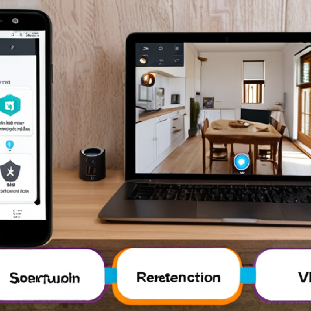 ** Secure Smart Home Setup. Focus on a home network diagram highlighting a separate IoT network, a firewall icon, and a VPN connection on a mobile device accessing the smart home remotely. Add padlock icons to represent strong passwords and two-factor authentication.

**