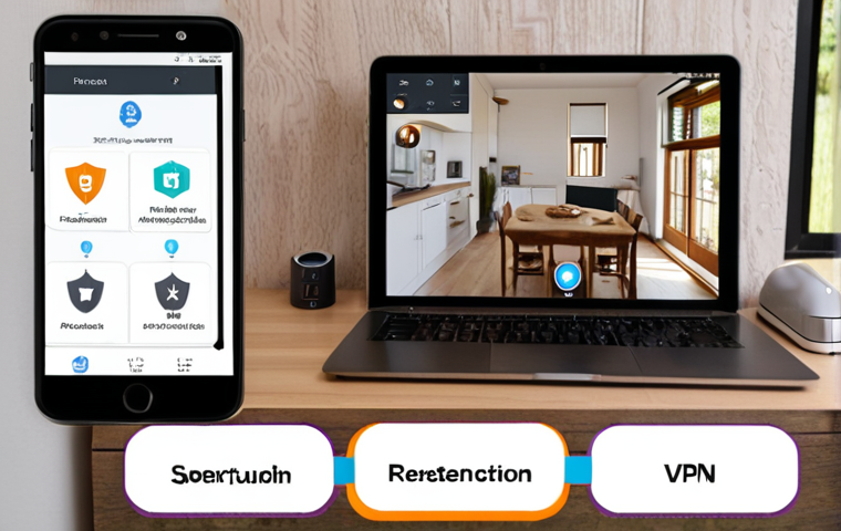 ** Secure Smart Home Setup. Focus on a home network diagram highlighting a separate IoT network, a firewall icon, and a VPN connection on a mobile device accessing the smart home remotely. Add padlock icons to represent strong passwords and two-factor authentication.

**