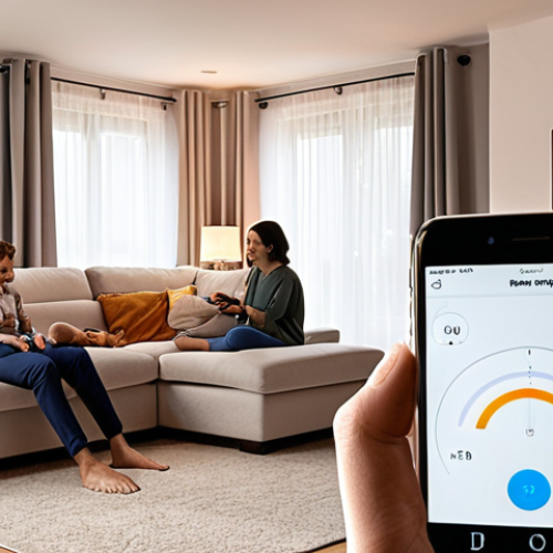Home 25 **
A modern living room with smart home devices (smart lights, thermostat, smart speaker) subtly monitoring the occupants. Focus on a family enjoying their evening, but with visual cues (e.g., faint lines connecting devices to a central hub, subtle "eye" icons on devices) hinting at data collection and potential privacy concerns. Consider a muted color palette with a slight surveillance feel.
**