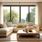 **

"Bright, airy modern living room, sunlight streaming through large windows with light curtains, accentuating light-colored walls. Strategic mirror placement to amplify natural light. Energy-efficient LED lighting fixtures subtly integrated into the design. Warm, inviting atmosphere."

**