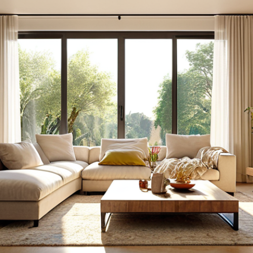 Home 24 **
"Bright, airy modern living room, sunlight streaming through large windows with light curtains, accentuating light-colored walls. Strategic mirror placement to amplify natural light. Energy-efficient LED lighting fixtures subtly integrated into the design. Warm, inviting atmosphere."
**