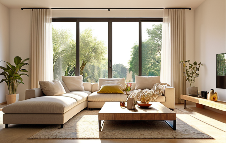 **

"Bright, airy modern living room, sunlight streaming through large windows with light curtains, accentuating light-colored walls. Strategic mirror placement to amplify natural light. Energy-efficient LED lighting fixtures subtly integrated into the design. Warm, inviting atmosphere."

**
