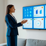 A professional businesswoman, fully clothed in modest business casual attire, stands in a sleek, modern, well-lit living room. She thoughtfully gazes at a holographic interface displaying smart home icons and diagrams, symbolizing planning and innovation. The setting reflects clean lines and minimalist design. Perfect anatomy, correct proportions, natural pose, well-formed hands, proper finger count, natural body proportions. High-definition photography, professional lighting, safe for work, appropriate content, fully clothed, professional.