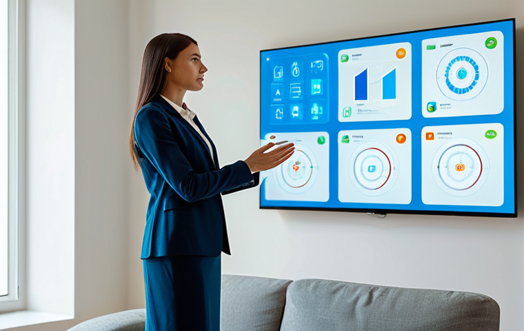 A professional businesswoman, fully clothed in modest business casual attire, stands in a sleek, modern, well-lit living room. She thoughtfully gazes at a holographic interface displaying smart home icons and diagrams, symbolizing planning and innovation. The setting reflects clean lines and minimalist design. Perfect anatomy, correct proportions, natural pose, well-formed hands, proper finger count, natural body proportions. High-definition photography, professional lighting, safe for work, appropriate content, fully clothed, professional.