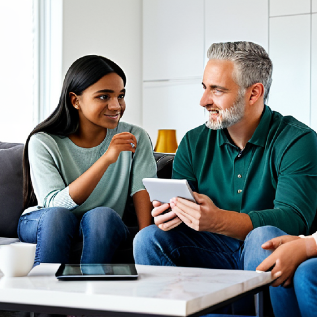 A diverse family, including parents and a teenager, fully clothed in modest, comfortable attire, gathered around a modern coffee table in a bright, inviting living room. They are actively engaged in a thoughtful discussion, looking at a tablet displaying smart home diagrams and budget estimations. The scene emphasizes collaborative planning and the family's aspiration for a more connected and efficient home. Perfect anatomy, correct proportions, natural pose, well-formed hands, proper finger count, natural body proportions, professional photography, high quality, safe for work, appropriate content, fully clothed, family-friendly.