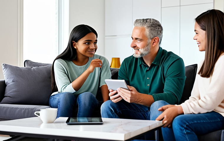 A diverse family, including parents and a teenager, fully clothed in modest, comfortable attire, gathered around a modern coffee table in a bright, inviting living room. They are actively engaged in a thoughtful discussion, looking at a tablet displaying smart home diagrams and budget estimations. The scene emphasizes collaborative planning and the family's aspiration for a more connected and efficient home. Perfect anatomy, correct proportions, natural pose, well-formed hands, proper finger count, natural body proportions, professional photography, high quality, safe for work, appropriate content, fully clothed, family-friendly.