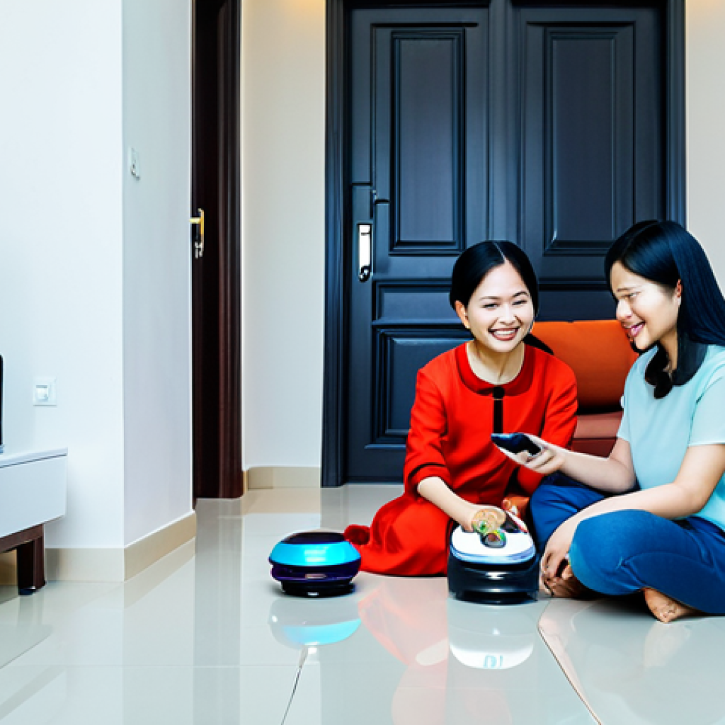 **

A modern Vietnamese family gathers in their living room. The mother, wearing a traditional Ao Dai, smiles as she adjusts the smart lighting using her smartphone. A young child plays with a smart toy robot on the floor, while the father, in casual, modest clothing, adjusts the smart thermostat on the wall. The scene is well-lit and comfortable, showcasing a safe and functional smart home environment in Vietnam. Safe for work, appropriate content, fully clothed, family-friendly, professional lighting, natural family interaction, correct proportions.

**