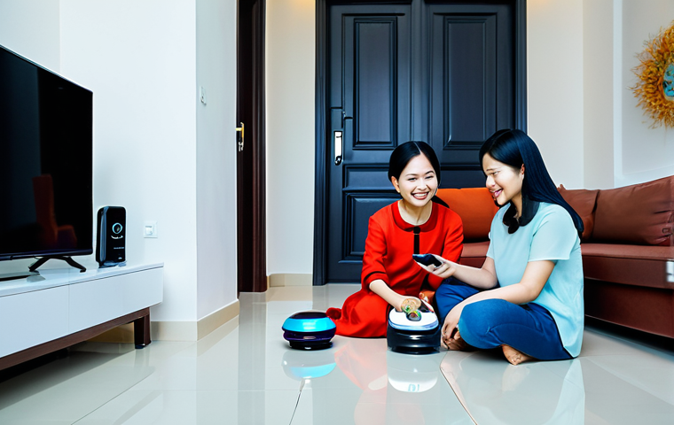 **

A modern Vietnamese family gathers in their living room. The mother, wearing a traditional Ao Dai, smiles as she adjusts the smart lighting using her smartphone. A young child plays with a smart toy robot on the floor, while the father, in casual, modest clothing, adjusts the smart thermostat on the wall. The scene is well-lit and comfortable, showcasing a safe and functional smart home environment in Vietnam. Safe for work, appropriate content, fully clothed, family-friendly, professional lighting, natural family interaction, correct proportions.

**
