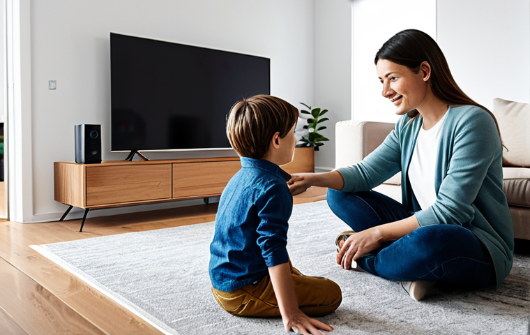 **

A modern, minimalist living room showcasing a smart home setup. A young, fully clothed family (parents and a child) are interacting with a smart speaker. The room features soft, natural lighting, clean lines, and integrated smart lighting. "Safe for work," "appropriate content," "fully clothed," "family-friendly," "professional photography," "perfect anatomy," "natural pose," "modern interior design," "high quality," "well-formed hands," "proper finger count," "natural body proportions."

**