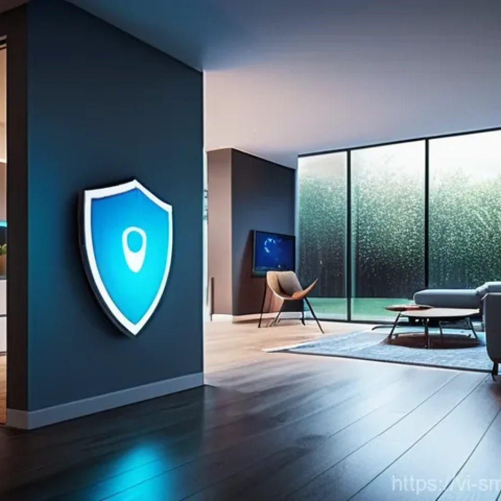스마트홈 기기의 소프트웨어 업데이트 방법 - **Smart Home Security Shield:** A bright, futuristic, and clean depiction of a modern smart home int...