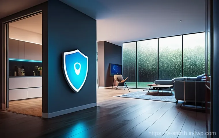 스마트홈 기기의 소프트웨어 업데이트 방법 - **Smart Home Security Shield:** A bright, futuristic, and clean depiction of a modern smart home int...
