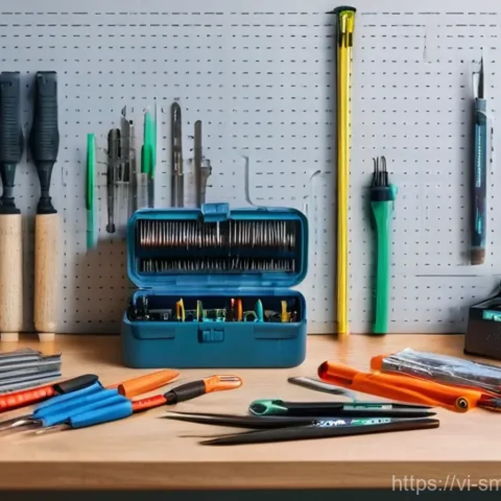 스마트홈 기기 설치 시 필요한 도구 - **Prompt:** A close-up, high-angle shot of a meticulously organized smart home DIY toolkit laid out ...