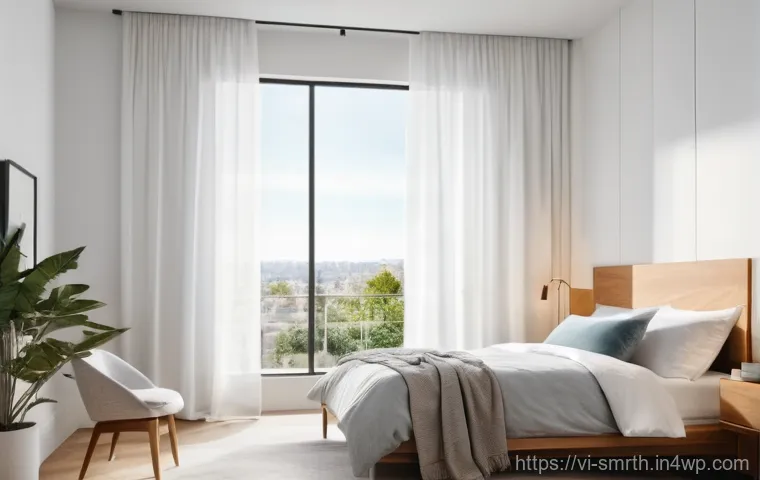 스마트 스피커로 하는 스마트홈 컨트롤 - **Morning Serenity with Smart Home Integration**
    A bright, clean modern bedroom bathed in soft, ...