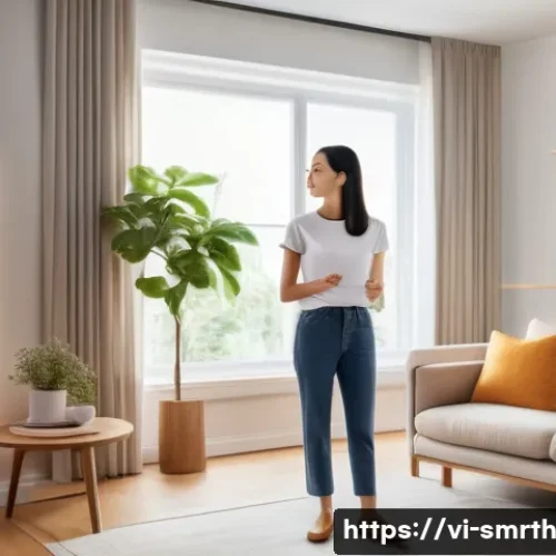 스마트홈 기기의 통합 관리 방법 - **Prompt: A modern, minimalist living room with large windows, showcasing a young Vietnamese woman i...