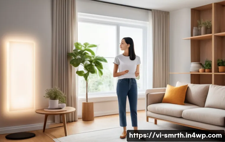 스마트홈 기기의 통합 관리 방법 - **Prompt: A modern, minimalist living room with large windows, showcasing a young Vietnamese woman i...