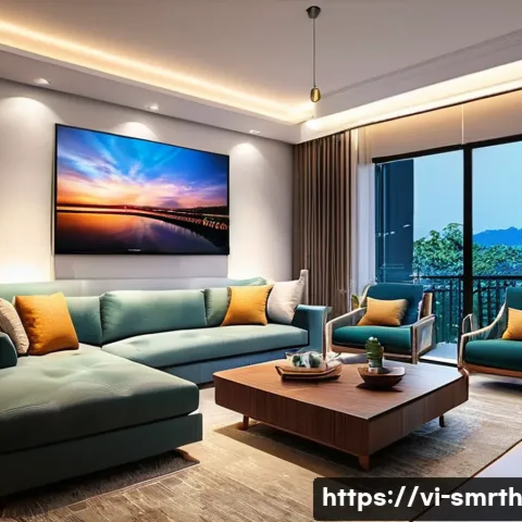 스마트홈 기술의 사용 증가 원인 - A modern Vietnamese living room featuring smart LED lights with remote control, color-changing capab...