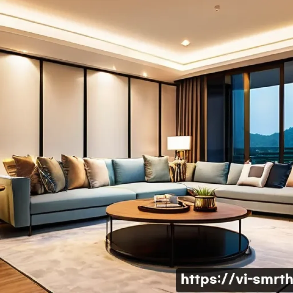 스마트홈 환경에서의 자동화 규칙 설정 - A modern Vietnamese smart home living room at dusk, featuring automated lighting that gently turns o...