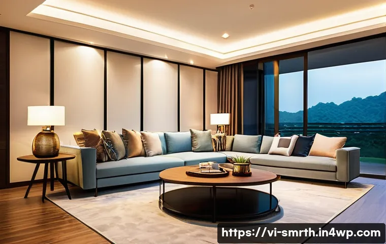 스마트홈 환경에서의 자동화 규칙 설정 - A modern Vietnamese smart home living room at dusk, featuring automated lighting that gently turns o...