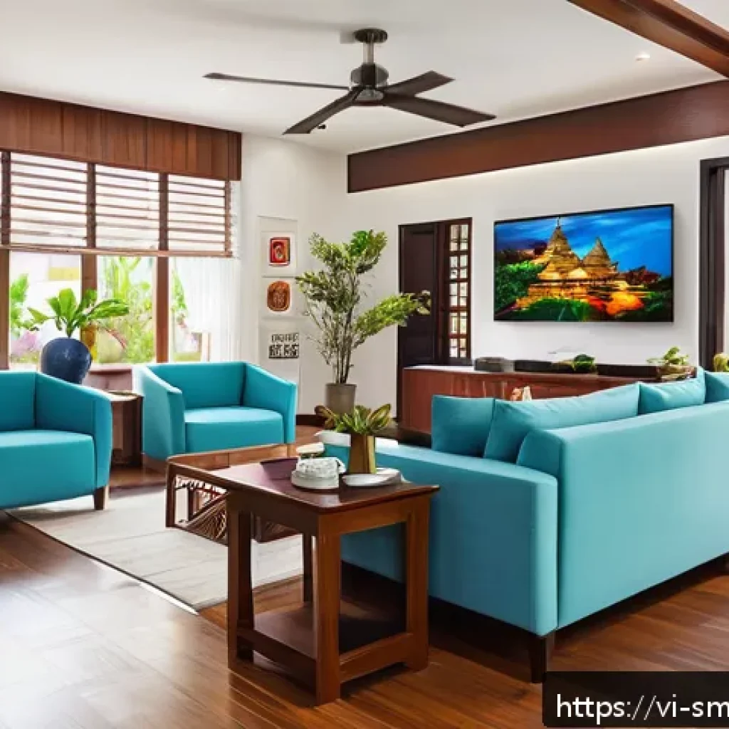 스마트홈 시스템의 세부 설정 방법 - A modern Vietnamese family living room featuring a smart home setup: sleek LED smart lights with adj...