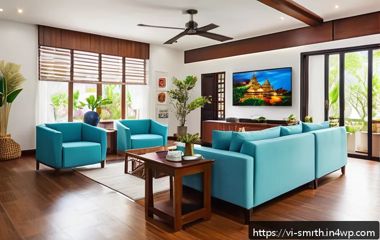 스마트홈 시스템의 세부 설정 방법 - A modern Vietnamese family living room featuring a smart home setup: sleek LED smart lights with adj...