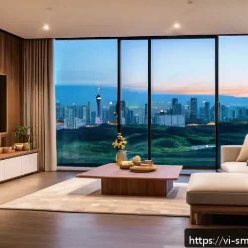 스마트홈 시스템의 커스터마이즈 방법 - A modern Vietnamese living room interior showcasing warm white ambient lighting designed to create a...