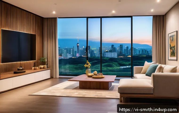 스마트홈 시스템의 커스터마이즈 방법 - A modern Vietnamese living room interior showcasing warm white ambient lighting designed to create a...