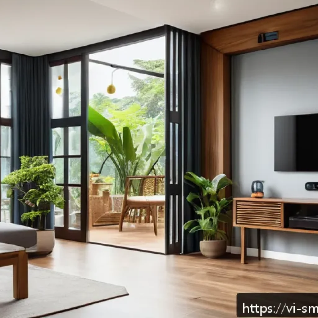 스마트홈 보안 시스템 선택 가이드 - A modern Vietnamese smart home security system interior scene, featuring multiple smart sensors such...