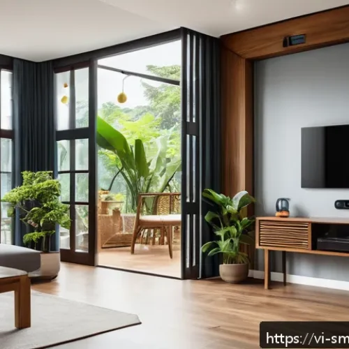 스마트홈 보안 시스템 선택 가이드 - A modern Vietnamese smart home security system interior scene, featuring multiple smart sensors such...