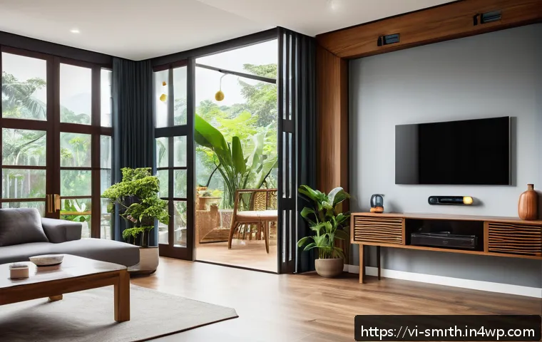 스마트홈 보안 시스템 선택 가이드 - A modern Vietnamese smart home security system interior scene, featuring multiple smart sensors such...