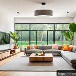 스마트홈 시스템의 인프라 구축 방법 - A modern Vietnamese family living room featuring a smart home setup with Xiaomi security cameras mou...