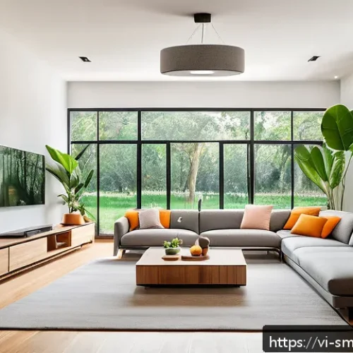 스마트홈 시스템의 인프라 구축 방법 - A modern Vietnamese family living room featuring a smart home setup with Xiaomi security cameras mou...
