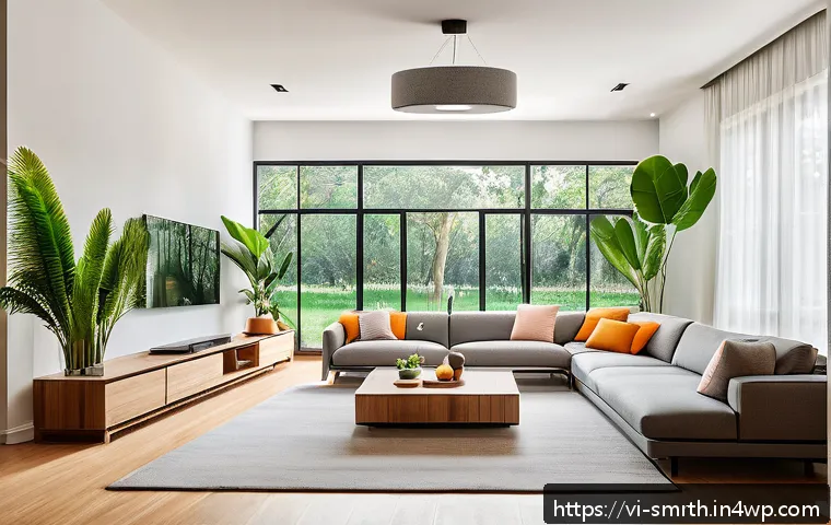 스마트홈 시스템의 인프라 구축 방법 - A modern Vietnamese family living room featuring a smart home setup with Xiaomi security cameras mou...