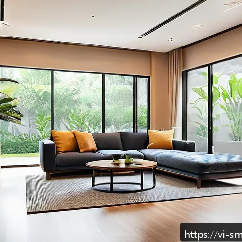 스마트홈 시스템의 장기 사용 전략 - A modern Vietnamese smart home interior showcasing a sleek living room with integrated smart devices...