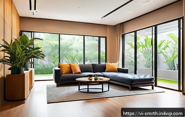 스마트홈 시스템의 장기 사용 전략 - A modern Vietnamese smart home interior showcasing a sleek living room with integrated smart devices...