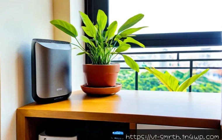 Home 17 스마트홈 기기의 성능 향상 방법 - Photorealistic modern Vietnamese apartment living room, a compact wireless router positioned high on...