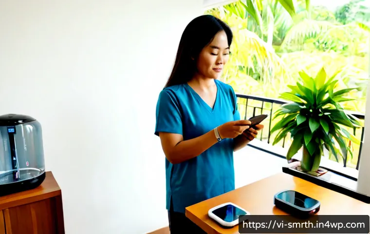 스마트홈 기기를 통한 건강 관리 방법 - Photorealistic morning health management scene in a modern Vietnamese apartment, a middle-aged Vietn...