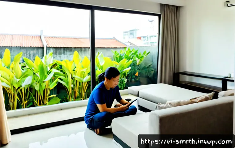Home 17 스마트홈 시스템과 환경 보호 - Photorealistic modern Vietnamese family living room in Ho Chi Minh City, a middle-aged couple using ...